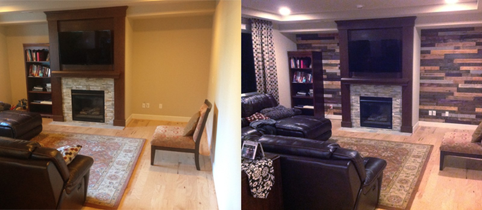 Pallet wood accent wall before and after